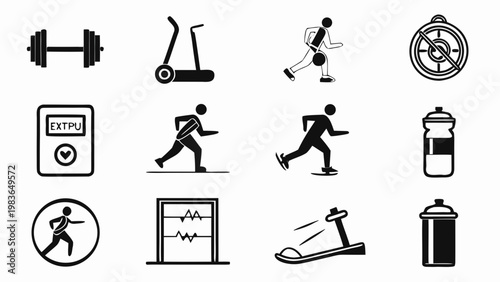 Fitness icons, workout symbols, exercise signs, gym graphics, 12 black vector icons