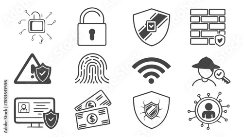 Security icons, cybersecurity symbols, protection signs, safety logos, 12 vector graphics