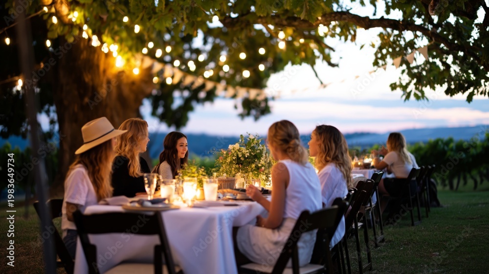 Obraz premium Friends Enjoy Dinner Under Lights at a Vineyard During Sunset in Summer
