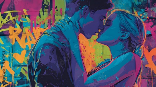 Romantic couple embracing amid graffiti-covered walls