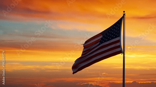 Sunset View of an American Flag Waving Against a Colorful Sky in a Rural Area