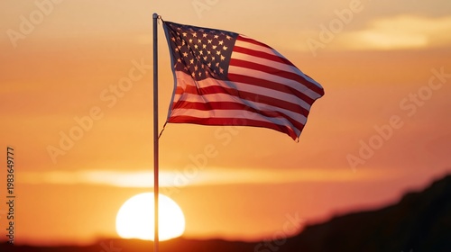 Sunset View of American Flag Waving in the Wind Near Horizon