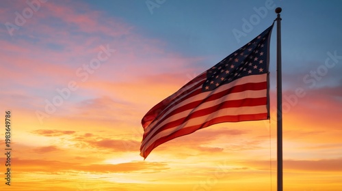 Sunset View of American Flag Waving in the Wind Near Horizon
