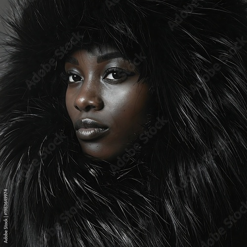 A woman with dark skin and long, dark hair wearing a fur coat