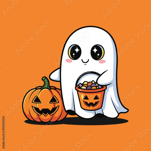 Adorable ghost holding pumpkin bucket with jack o lantern Halloween t‑shirt design