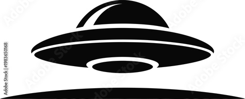 Black silhouette of a flying saucer above a subtle curved horizon line alien spaceship