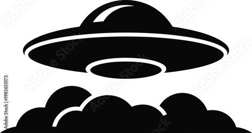 Black silhouette of a flying saucer descending towards stylized clouds alien spaceship