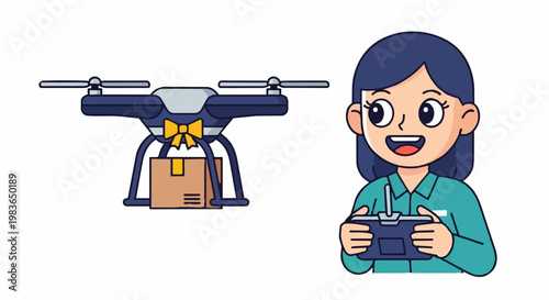 Woman holds drone controller delivering gift box with bow via flying drone outdoors