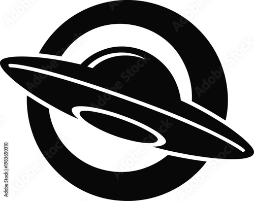Black silhouette of a flying saucer tilted within a circular ring alien spacecraft extraterrestrial
