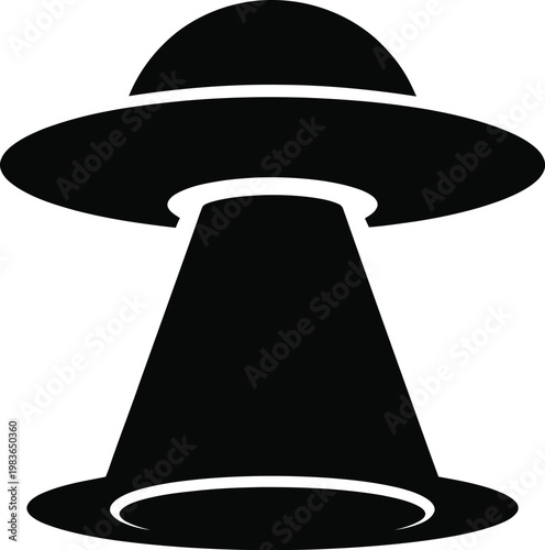 Black silhouette of a flying saucer with a light beam descending alien spaceship