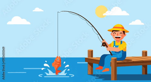 A man in a yellow hat and blue overalls fishing on a wooden pier on a sunny day.