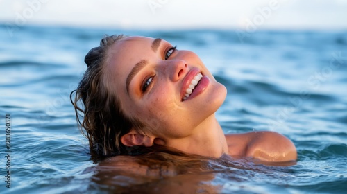 Woman Smiles While Swimming in Ocean Water During Sunny Day at Beach