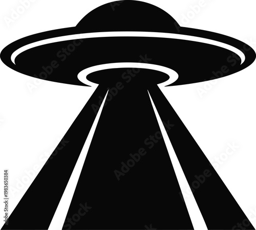 Black silhouette of a flying saucer with a wide light beam descending alien spaceship
