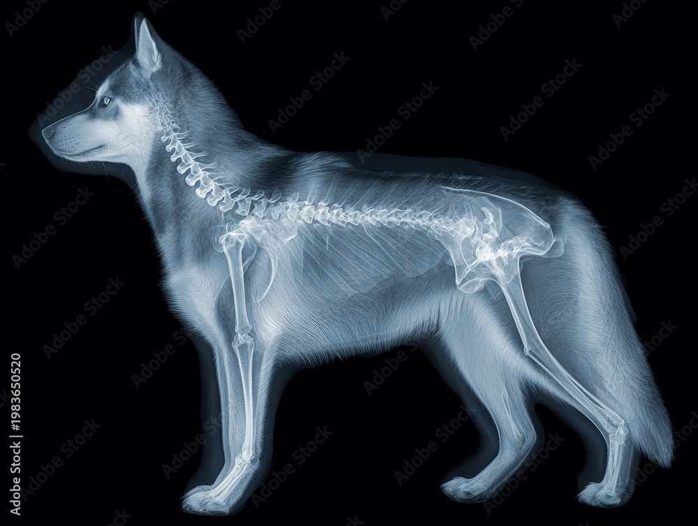 Fototapeta premium X-ray image of a Siberian Husky in profile, skeletal structure visible against black background - AI-Generated