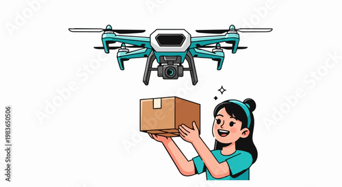 A woman receives a package from a drone in a lively delivery scene outdoors.