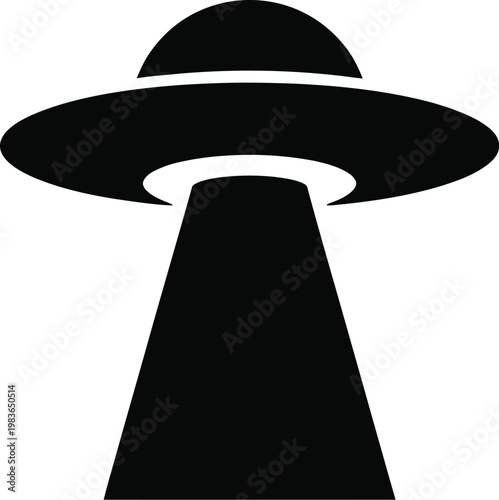 Black Silhouette of aUFO with a Beam of Light on White Background flying saucer alien