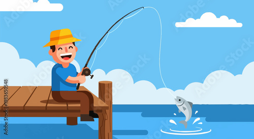 A boy fishing on a pier with a big catch in the ocean on a sunny day.