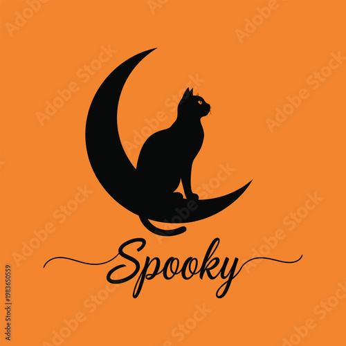 Black cat silhouette sitting on crescent moon with Spooky text Halloween design