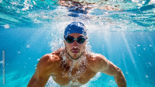 Man Swims Underwater in Clear Blue Water With Sunlight Shining Through