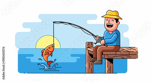 Man catches big fish while sitting on wooden dock at sunset over water