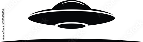 Minimalist black silhouette of a flying saucer with a simple ground line alien spaceship