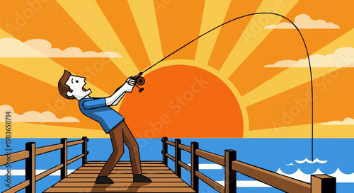 Man fishing on pier at sunset with rod and reel in action lively scene