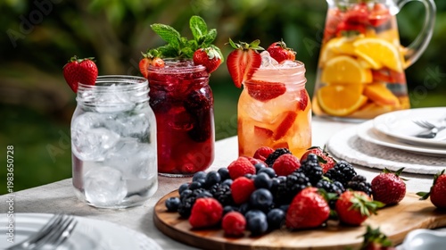 Refreshing Drinks and Fresh Fruits on a Table in a Garden During Summer