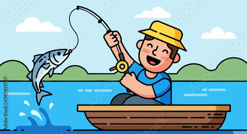 Man in boat catching big fish with rod on sunny day outdoors