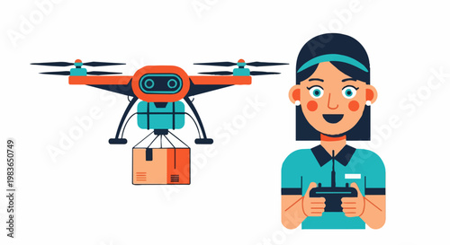 Woman operates drone delivering package with box outdoors