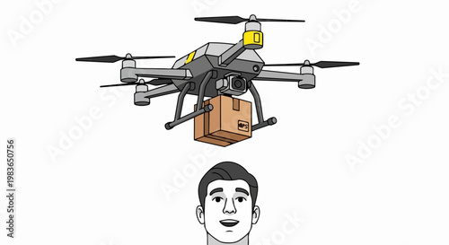 A man looks up at a drone flying with a package attached underneath