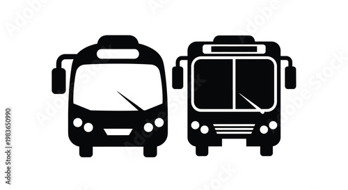 Two black bus silhouettes are displayed side by side against a white background showcasing urban transportation design and vehicle profiles silhouette high quality professional