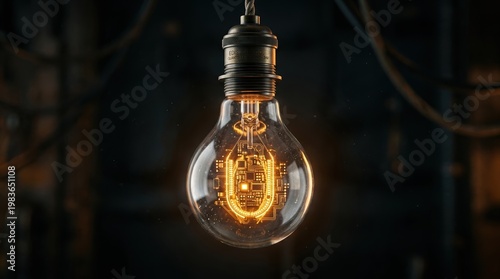 Close-up of a light bulb with a digital filament. Professional high-end stock photography, cinematic lighting, amber glow, dark
