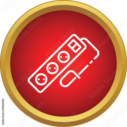 Icon of a white power strip with multiple outlets on a red and gold background