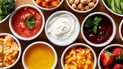 Fresh Ingredients and Colorful Dips on a Wooden Table During a Gathering for ...