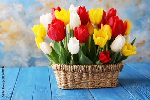 Colorful Tulips in a Basket Placed on a Blue Table With a Painted Background