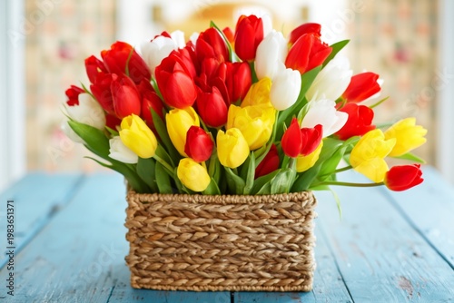 Colorful Tulips in a Basket Placed on a Blue Table With a Painted Background