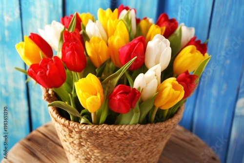 Colorful Tulips in a Woven Basket Against a Blue Wooden Background