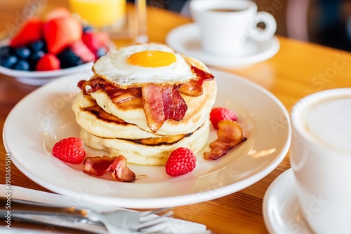 Delicious Pancakes With Bacon and Egg Served at a Breakfast Table With Fresh ...