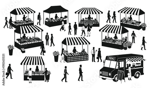 A bustling outdoor farmers market scene depicts vendors selling produce and goods with shoppers browsing all rendered as a striking silhouette high quality professional
