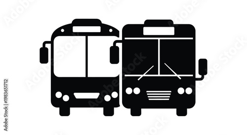 A graphic depiction shows two front views of public transportation buses rendered in a stark contrasting black silhouette high quality professional detailed modern elegant