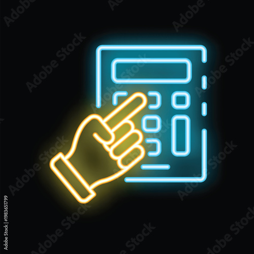 Neon sign of a hand with index finger extended pointing a calculator on a black background
