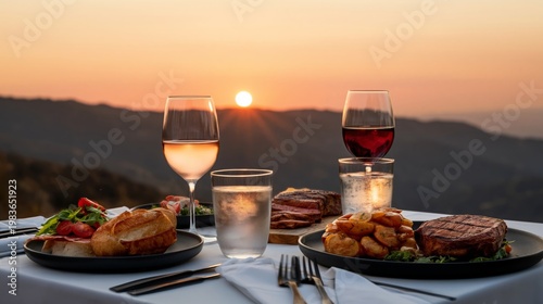 Dinner at Sunset With Wine and Food on a Mountainside Table