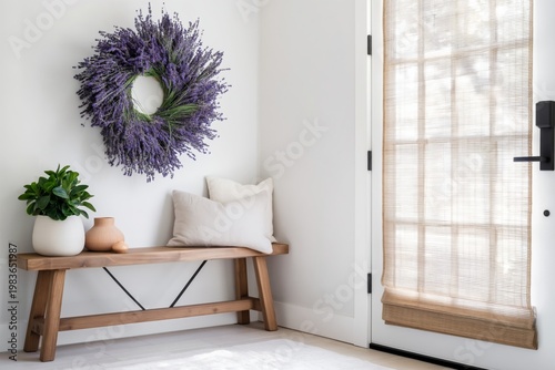 Welcoming Entrance With Lavender Wreath and Simple Decor in Bright Room