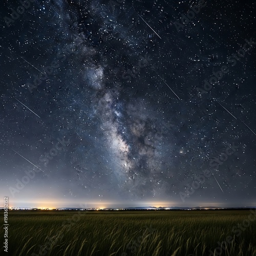 A celestial spectacle glowing Milky Way arcs above a starry night sky and grassy field