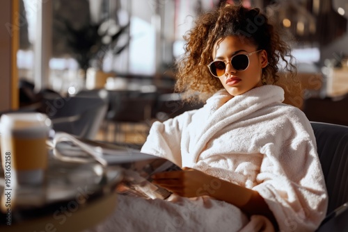Woman in a Robe Relaxing With a Magazine in a Cozy Cafe During the Morning Hours