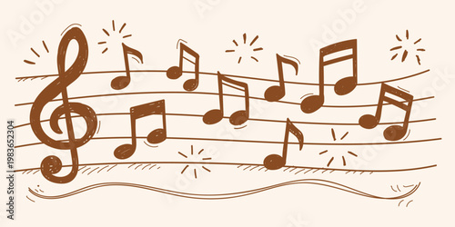 Hand drawn musical notes and treble clef on staff  doodle sketch line vector illustration of melody and sound  decorative music notation art on transparent background