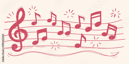 Hand drawn musical notes and treble clef on staff  doodle sketch line vector illustration of melody and sound  decorative music notation art on transparent background
