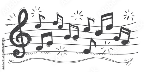 Hand drawn musical notes and treble clef on staff  doodle sketch line vector illustration of melody and sound  decorative music notation art on transparent background