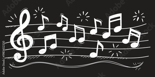 Hand drawn musical notes and treble clef on staff  doodle sketch line vector illustration of melody and sound  decorative music notation art on transparent background