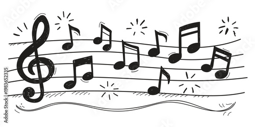 Hand drawn musical notes and treble clef on staff  doodle sketch line vector illustration of melody and sound  decorative music notation art on transparent background